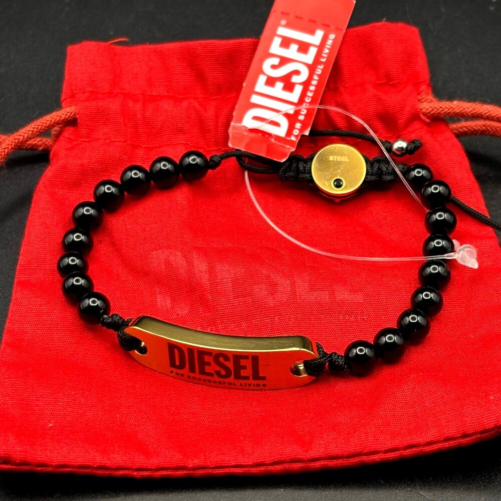 Diesel DX1360710 Men’s Black Bead Gold Tone ID Adjustable Bracelet NIBWT